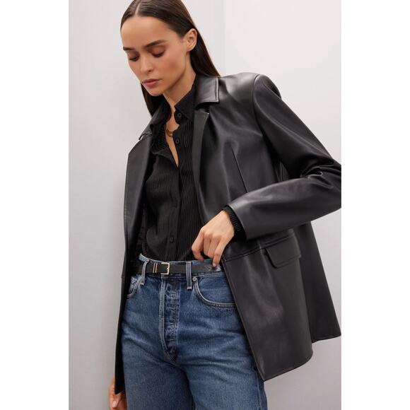 WeWoreWhat‎ Faux Leather Blazer Black Button Front Jacket Vegan Collared Sz M - Picture 2 of 10